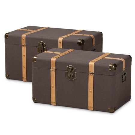 Baxton Studio Stephen Dark Brown Upholstered and Oak Finished 2-Piece Trunk Set 165-10702
